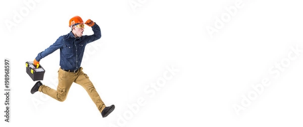 Fototapeta Portrait of repairman (builder) in helmet and with tool box in hands isolated on white background. Copy space