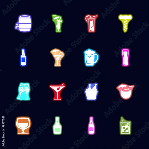 Fototapeta Alcoholic Neon light icons set. Collection bright Vector icon