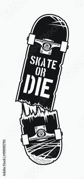 Obraz Monochrome broken skateboard design. Vector illustration for print on t-shirt.