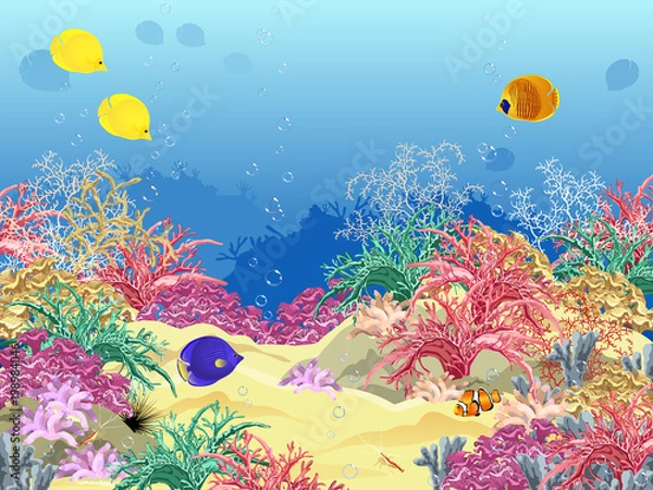 Fototapeta Sea underwater world with corals, fish, sponges and bubbles. Realistic vector illustration.