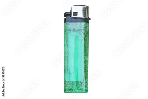 Fototapeta isolated green plastic gas lighter on white background