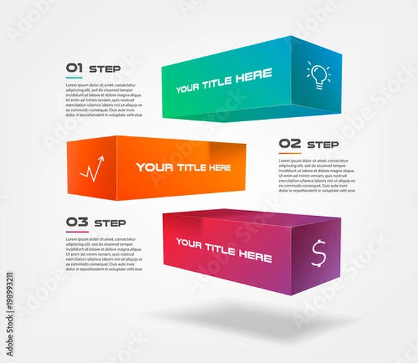 Fototapeta 3d blokuje infografiki krok po kroku z ikonami. Element wykresu, wykresu, diagramu z 3 opcjami - części, procesy, oś czasu. Wektor szablon biznesowy do prezentacji, układ przepływu pracy, projektowanie stron internetowych