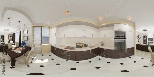 Obraz 3d illustration spherical 360 degrees, seamless panorama of kitchen and living room interior design. Modern studio apartment in a modern classic style