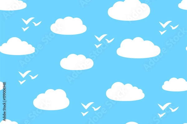 Fototapeta Cartoon white clouds and silhouettes of birds in blue sky, seamless pattern, vector illustration in flat style.