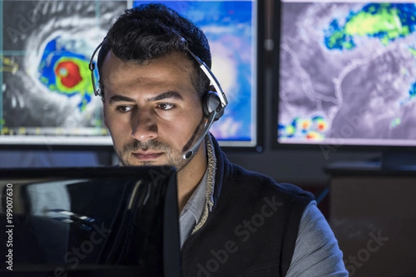 Obraz Meteorolog monitorujący burze na ekranie komputera, zbliżenie
