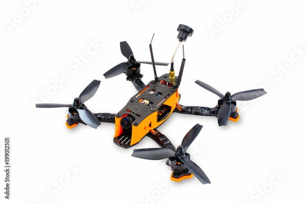 Fototapeta isolated drones racing FPV quadrocopter made of carbon black, drone ready for flight, stylish and modern hobby