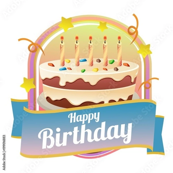 Fototapeta happy birthday badge theme with big cake