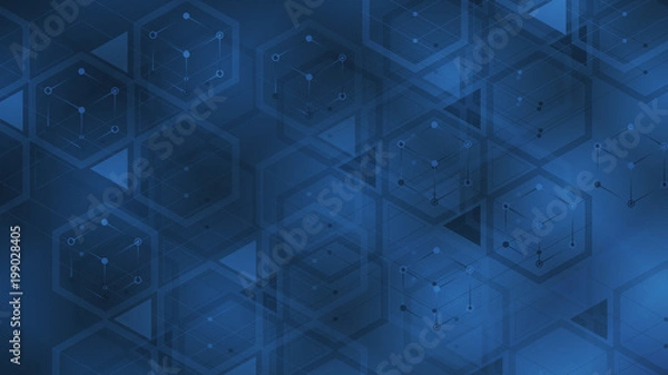 Fototapeta Abstract technology background 16:9. Glowing sci-fi interface with  lines, bright sparkles. Triangle and hexagon shape