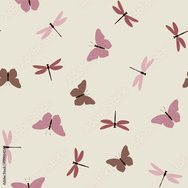 Fototapeta Summer seamless pattern with butterfly and dragonfly on a light background. Vector.