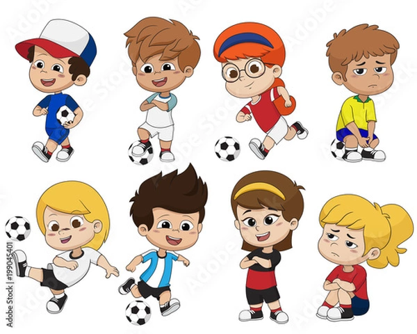 Obraz Kreskówka dziecko piłka nożna z inną pozą. Wektor i ilustracja.