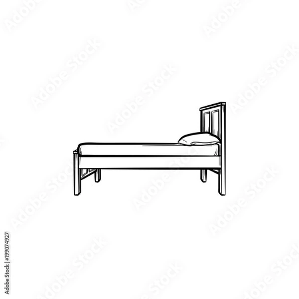 Fototapeta Bed with pillow hand drawn outline doodle icon. Bedroom furniture for sleep - bed with pillow vector sketch illustration for print, web, mobile and infographics isolated on white background.