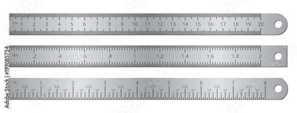 Fototapeta Metallic school rulers with inch and centimeter measuring scale vector illustration isolated on white background
