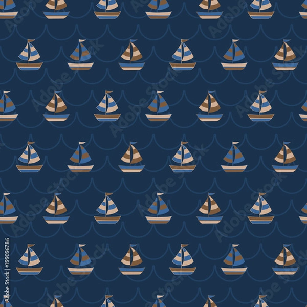 Obraz Navy vintage boat pattern in wave background. A vintage, modern, and flexible pattern for brand who has mature and fun style. Repeated pattern. Happy, retro, and nautical mood.