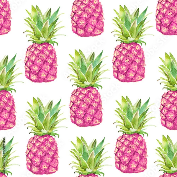 Obraz Seamless pattern with pink pineapple on a white background. Watercolor