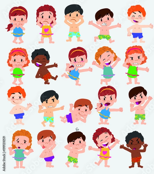 Fototapeta Cartoon character boys and girls in a swimsuit. Set with different postures, attitudes and poses, doing different activities. Vector illustrations.