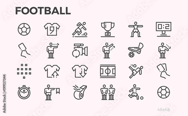 Fototapeta Football icons. Football players and equipment, rules for the game. Ball, field, referee and other symbols. Editable line.