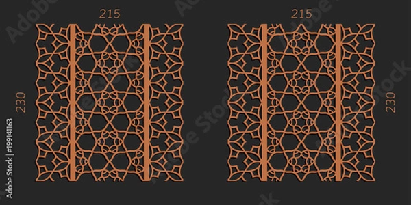 Obraz Laser cutting set. Woodcut vector trellis panels. Plywood lasercut floral design. Striped seamless patterns for printing, engraving, paper cut. Stencil lattice ornaments.