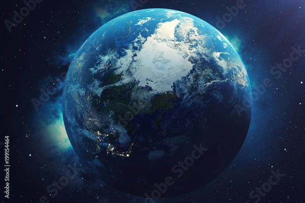 Fototapeta 3D Rendering World Globe. Earth Globe with Backdrop Stars and Nebula. Earth, Galaxy and Sun From Space. Blue Sunrise. Elements of this image furnished by NASA.