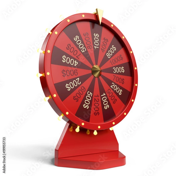 Fototapeta 3d illustration red wheel of luck or fortune. Realistic spinning fortune wheel. Wheel fortune isolated on white background.