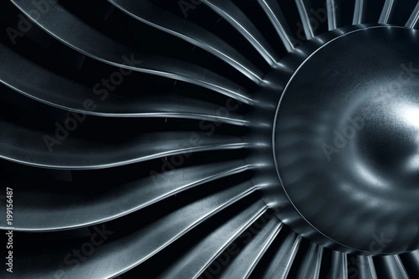 Obraz 3D Rendering jet engine, close-up view jet engine blades. Blue tint.