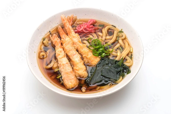 Fototapeta udon ramen noodles with shrimps tempura