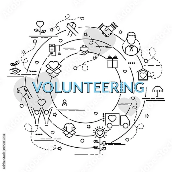 Fototapeta Flat colorful design concept for Volunteering. Infographic idea of making creative products..Template for website banner, flyer and poster.