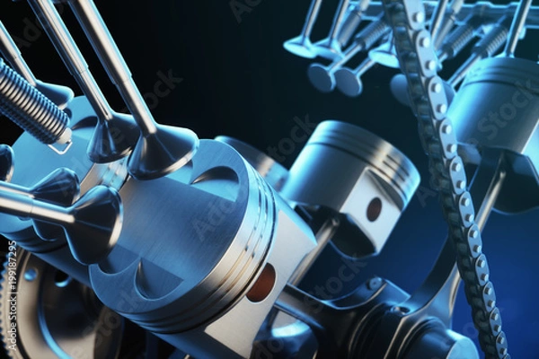 Fototapeta 3d illustration of an internal combustion engine. Engine parts, crankshaft, pistons, fuel supply system. V6 engine pistons with crankshaft in motion. Illustration of car engine inside.