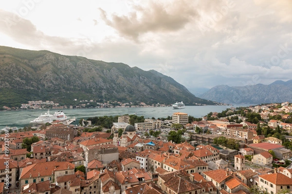 Fototapeta View of old town roofs in a Bay of Kotor from Lovcen mountain in Montenegro.