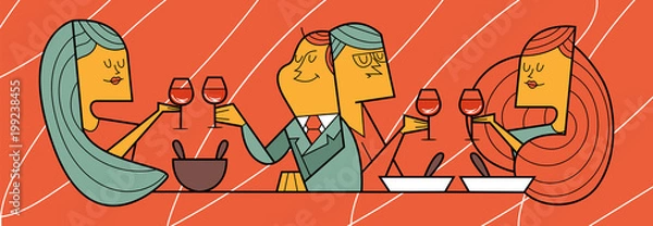 Fototapeta supper at restaurant, two couples over a glass of wine, vector illustration
