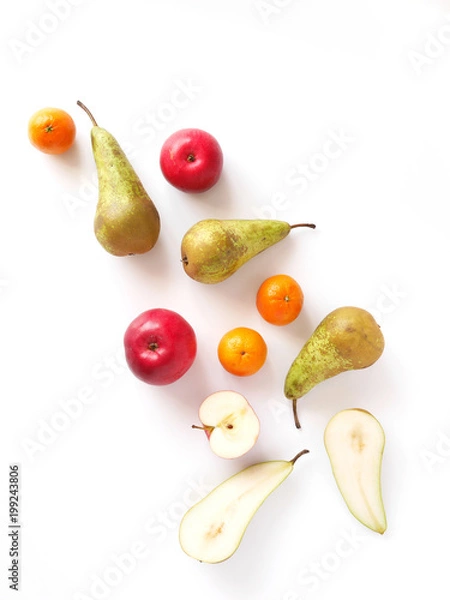 Obraz Various fruits: pears, apple, tangerines isolated on white background, top view, flat layout. Composition of various fruits with copy space.
