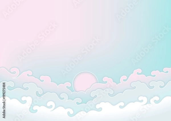 Fototapeta Vector background, sky and fairy childish clouds, pastel colors, horizontal format.