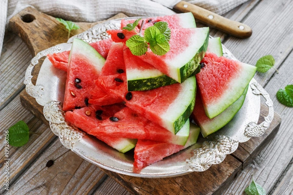 Obraz Fresh sliced watermelon in a metal bowl wooden background