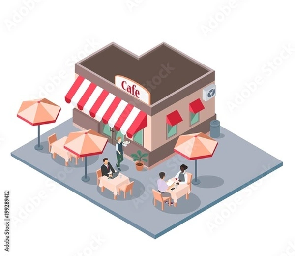 Fototapeta Open air or sidewalk city cafe, flat vector isometric