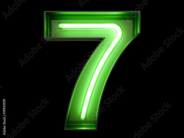 Fototapeta Neon green light digit alphabet character 7 seven font