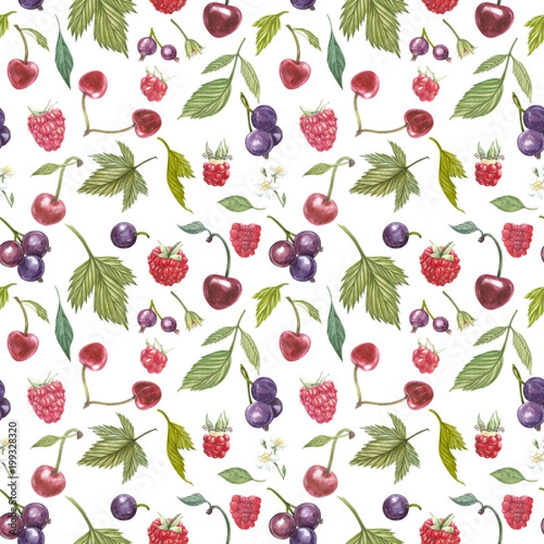 Fototapeta Set of hand drawn berries isolated on white background. Blackcurrant, cherry, raspberry. Watercolor hand drawn sketch berries. Seamless pattern.