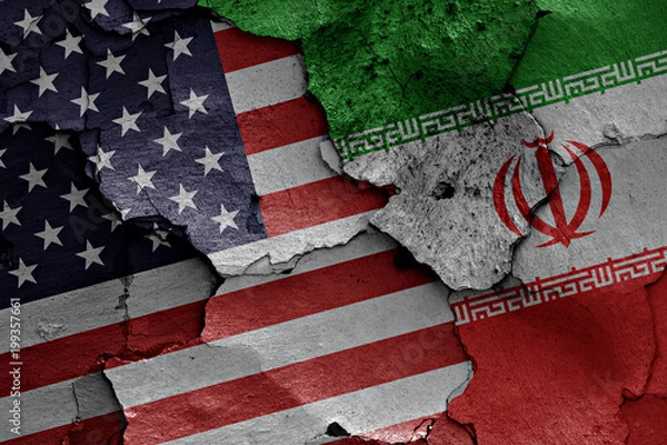 Obraz flags of USA and Iran painted on cracked wall
