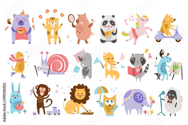 Fototapeta Flat vector set of funny cartoon animals in different actions. Playing games, drinking tea, eating, riding on scooter, drawing. Forest, farm and imagination creatures