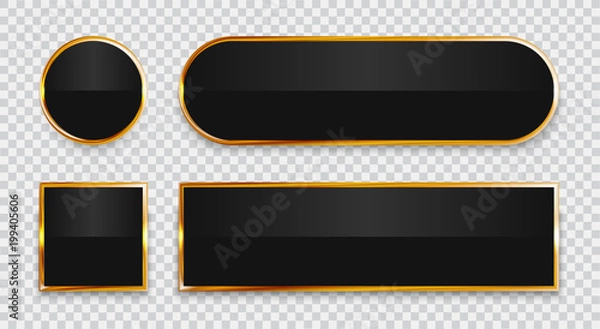 Obraz Black glossy buttons with gold elements set isolated on transparent background.