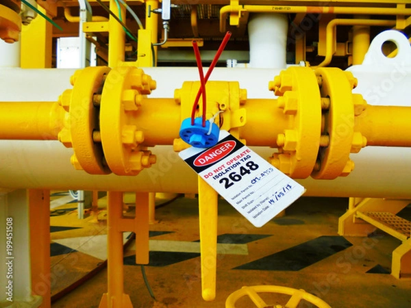 Fototapeta Gas process valve isolation lock out tag out,Lock closed,Lock open. Isolation tag.special tool