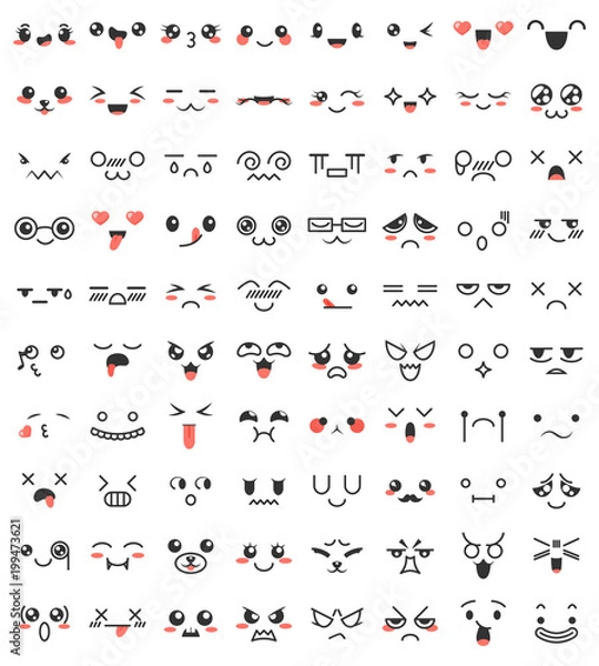 Fototapeta Collection of cute lovely kawaii eyes and mouths. Doodle cartoon faces in manga style. Cute emoticon emoji characters. Emotion smile cartoon