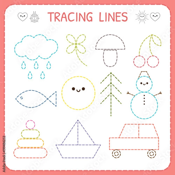 Obraz Kindergartens educational game for kids. Preschool tracing worksheet for practicing motor skills. Dashed lines. Working pages for children