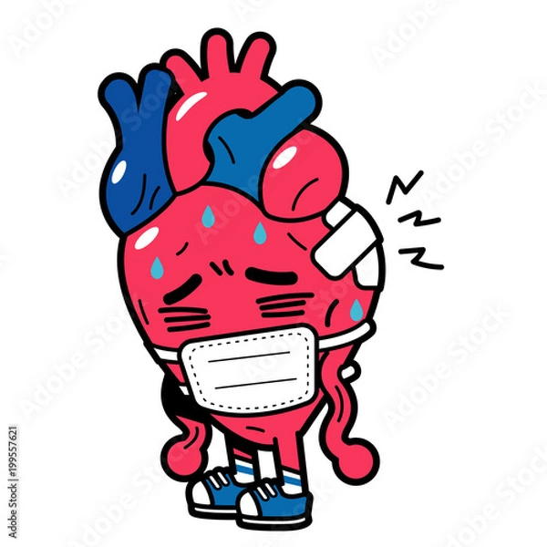 Fototapeta Vector heart character wearing mask isolated on white background.