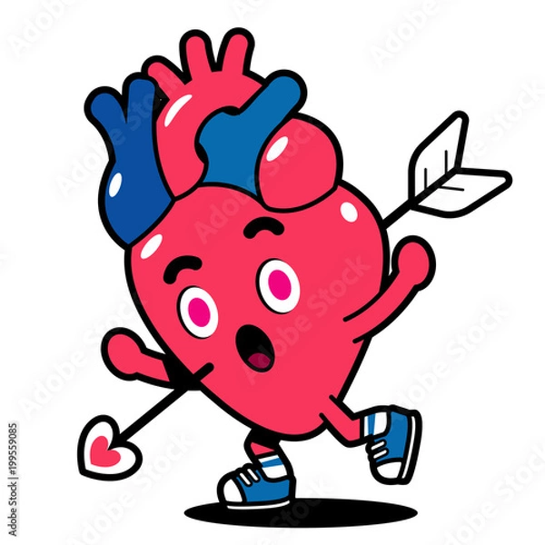 Fototapeta Vector heart character being shot by arrow isolated on white background
