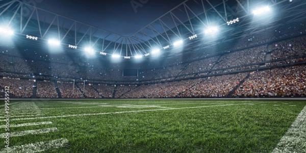 Obraz Niesamowita, profesjonalna arena futbolu amerykańskiego 3D z zieloną trawą i promieniami światła