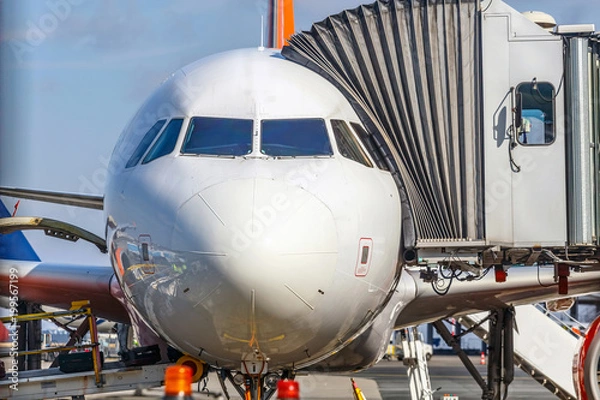 Fototapeta The sleeve is docked to the aircraft front view