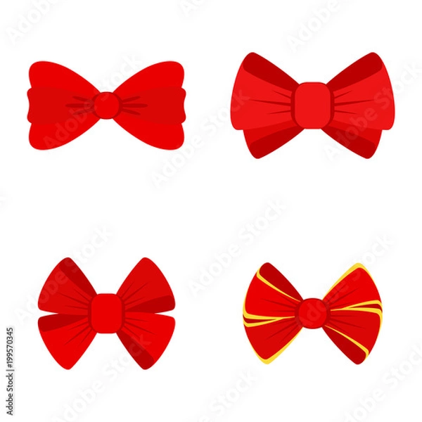 Fototapeta Vector red bow for decorating gifts, surprises for holidays. Packing presents for birthday, new year and Christmas. Promotion and Discount flat illustration. Objects isolated on white background.