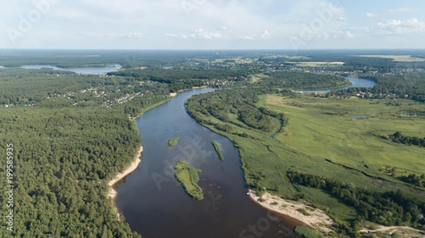 Fototapeta Gauja river Latvia drain into Baltic Sea aerial drone top view