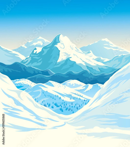 Fototapeta Zimowy krajobraz górski ze stromymi zboczami wzdłuż krawędzi. Ilustracji wektorowych.
