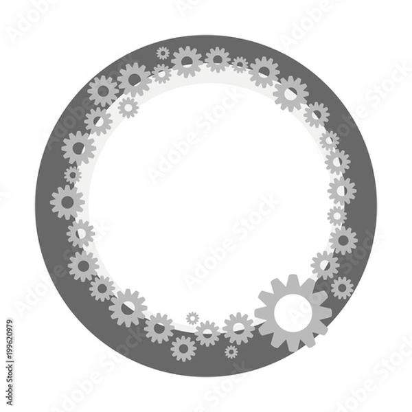 Fototapeta wreath border gray metallic technical steampunk from small and large gears with dark gray circle isolated on white background vector drawing