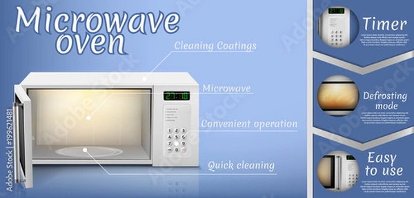 Obraz Wektor 3d realistyczny plakat z kuchenką mikrofalową ze światłem w środku, otwarte drzwi, widok z przodu na białym tle na niebieskim tle. Baner urządzenia gospodarstwa domowego z wyświetlaczem do gotowania, podgrzewania, rozmrażania żywności.